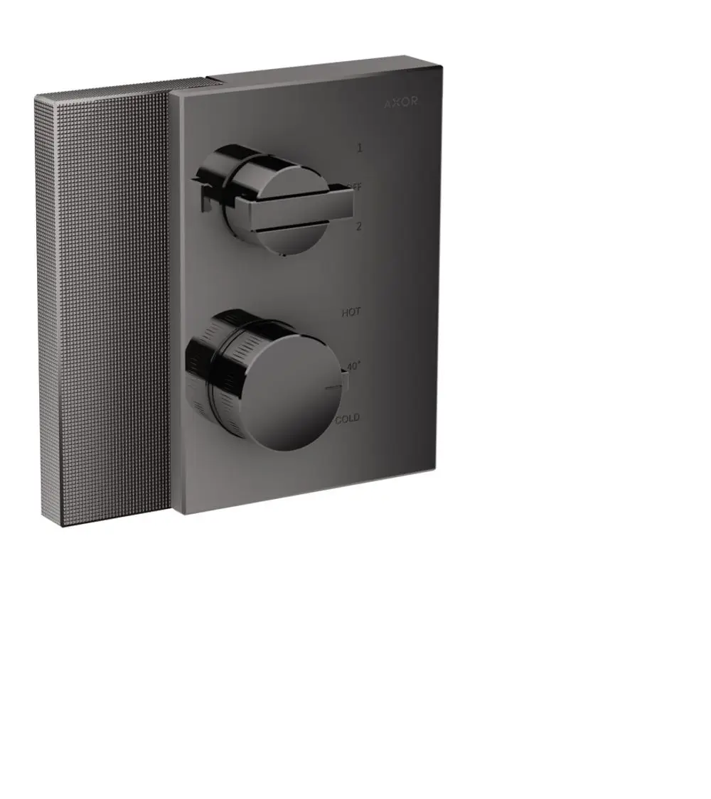 Thermostat von AXOR in Polished Black Chrome, ausgestattet mit einem Regler für Temperatur und einem Schalter für die Umstellung, zur Wandmontage konzipiert.